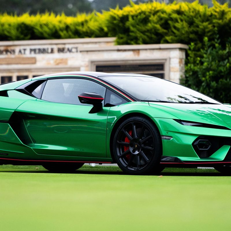Green Lamborghini Temerario right side view at Pebble Beach during Monterey Car Week.