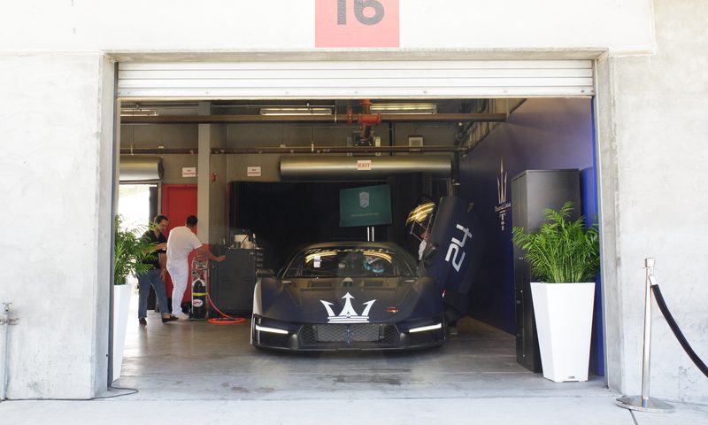 Maserati MCXtrema in race track garage at Leguna Seca during Monterey Car Week.