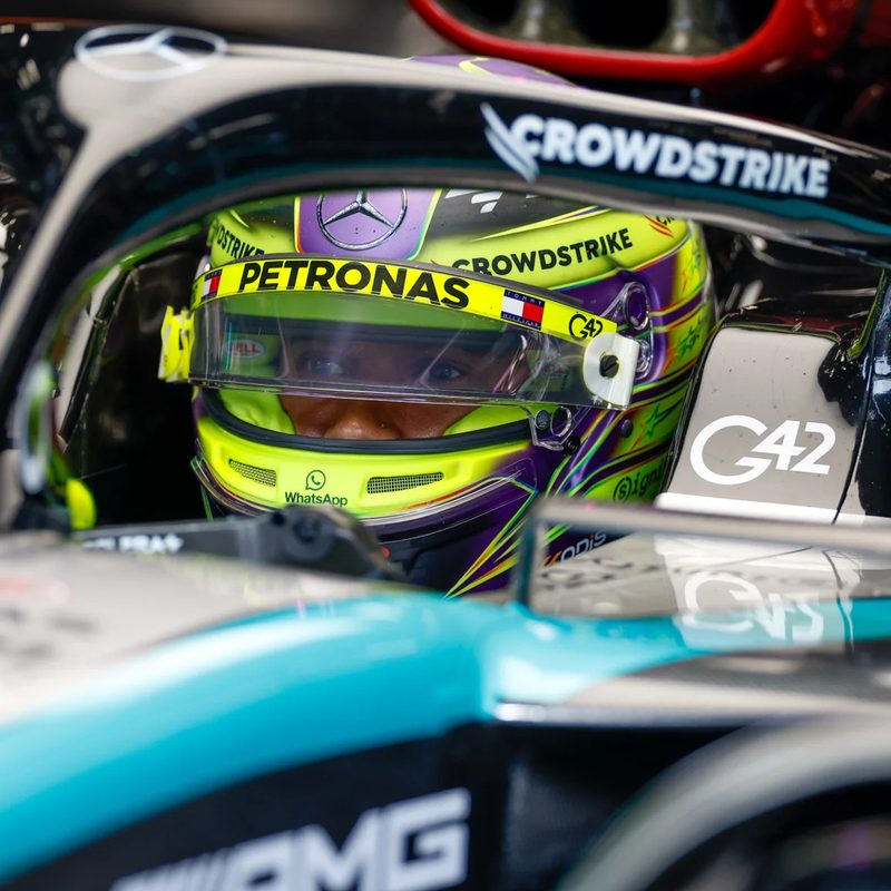 Mercedes-AMG F1 driver and seven-time Grand Prix World Champion Lewis Hamilton in an F1 race car.