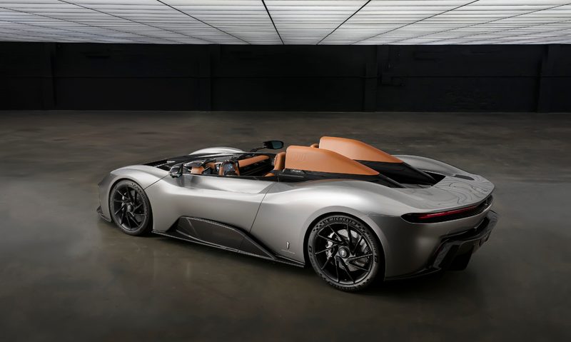 Pininfarina B95 Gotham built for Warner Brothers to celebrate the Batman character's 85th anniversary, left rear three-quarter view.