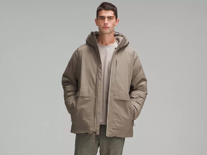 Lululemon's men's StretchSeal Down-filled Parka being worn.