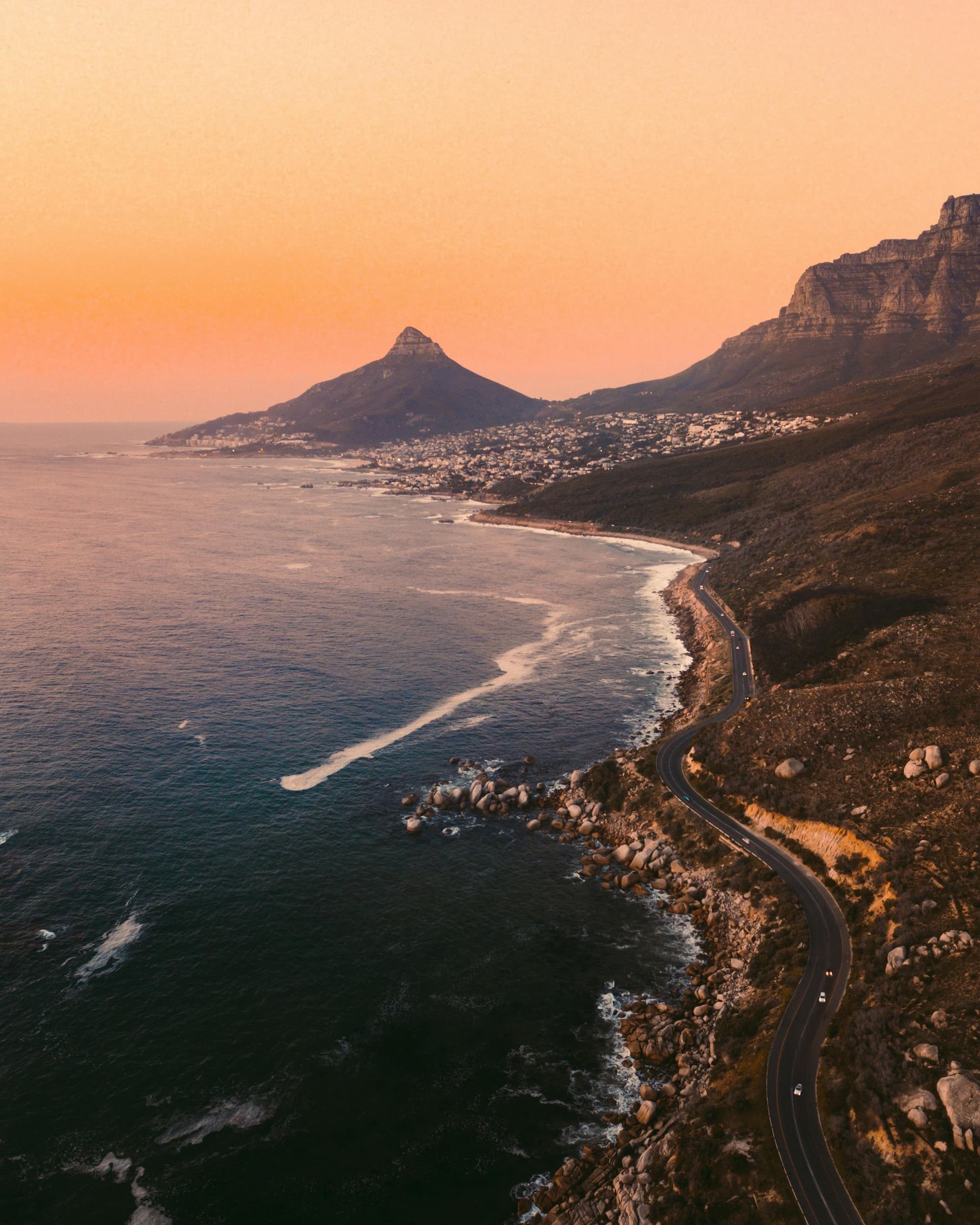 Aerial view of a beach during sunset in Cape Town, South Africa