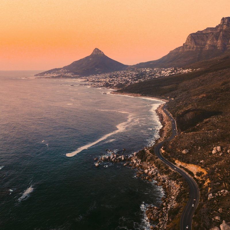 Aerial view of a beach during sunset in Cape Town, South Africa