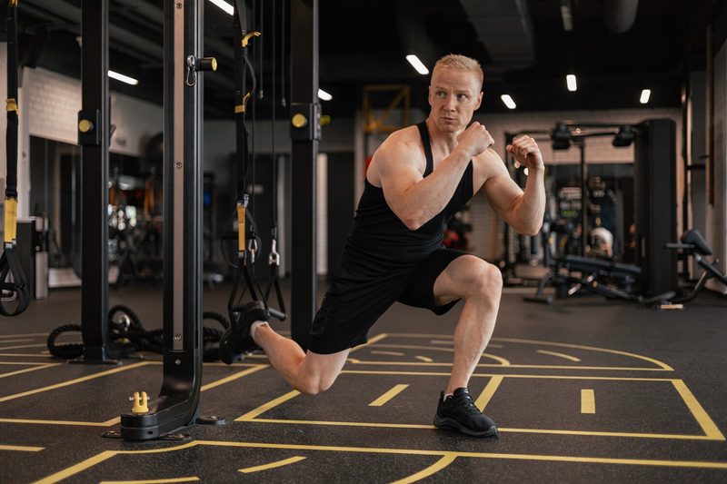 Man doing TRX Bulgarian split squats