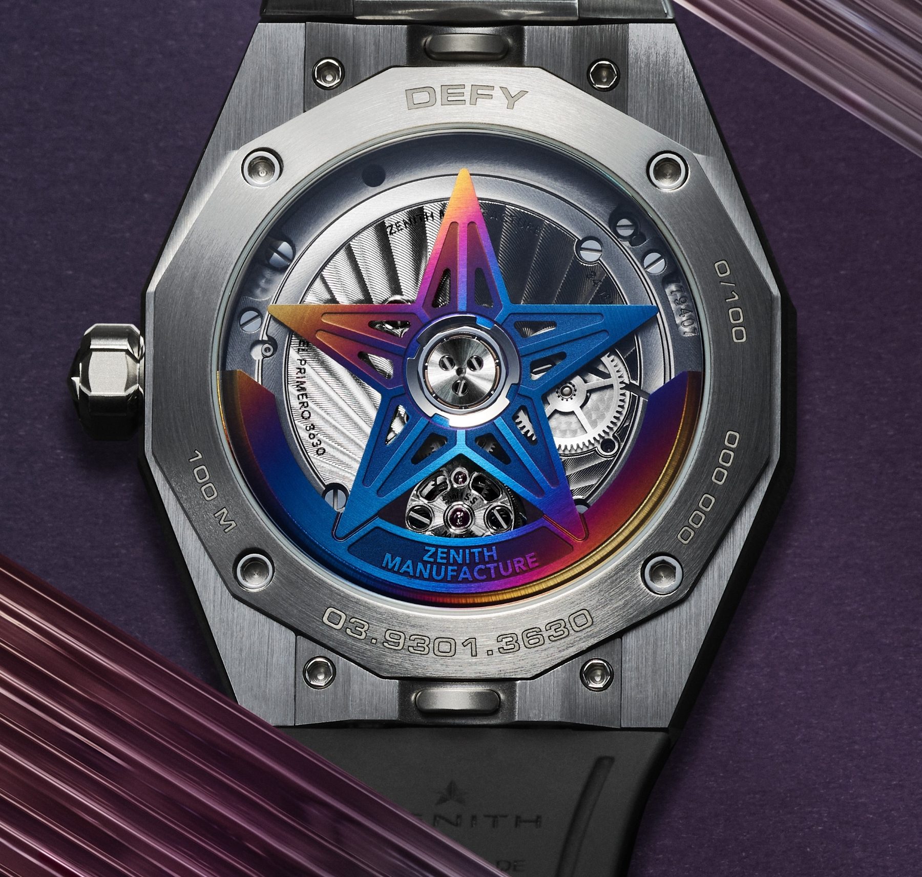 The back of the Felipe Pantone Zenith watches DEFY series.
