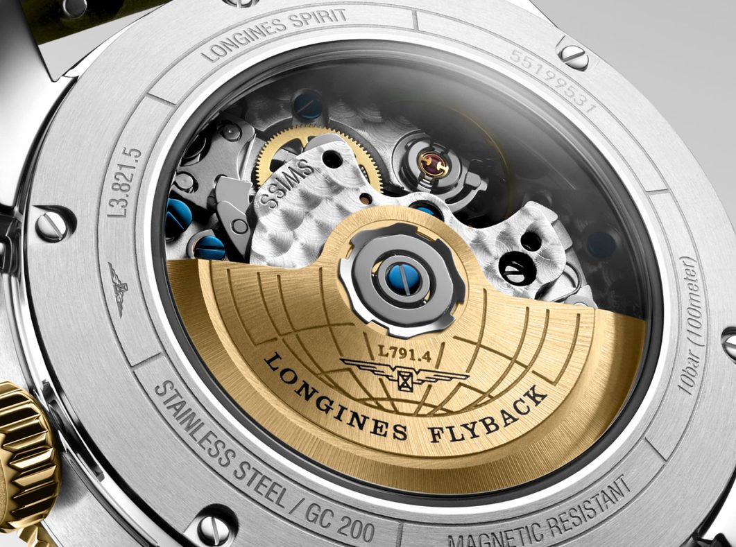 open caseback of the Longines Flyback Spirit watch