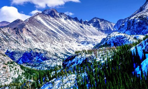 A view of the continental divide mountains in Rocky Mointains National Park on a Sunny day