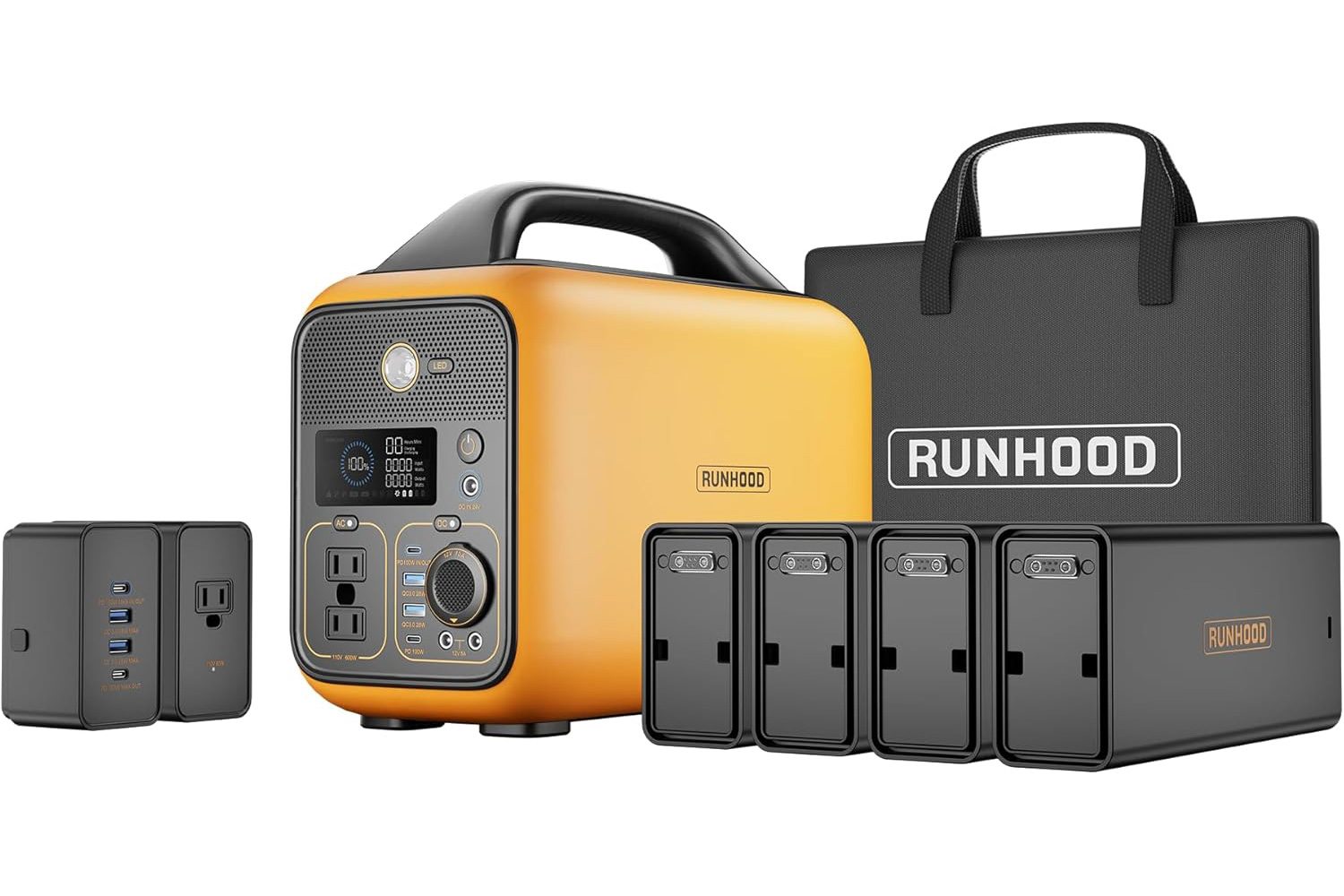 Runhood Rallye 600 Pro Hot-Swappable Portable Solar Generator Kit isolated on a white studio background.