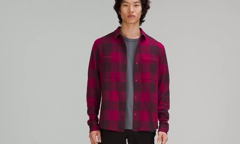 A man wearing a Lululemon Soft Knit Overshirt fit for a modern day lumberjack.