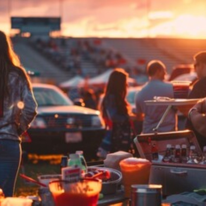 A tailgate party at sunset