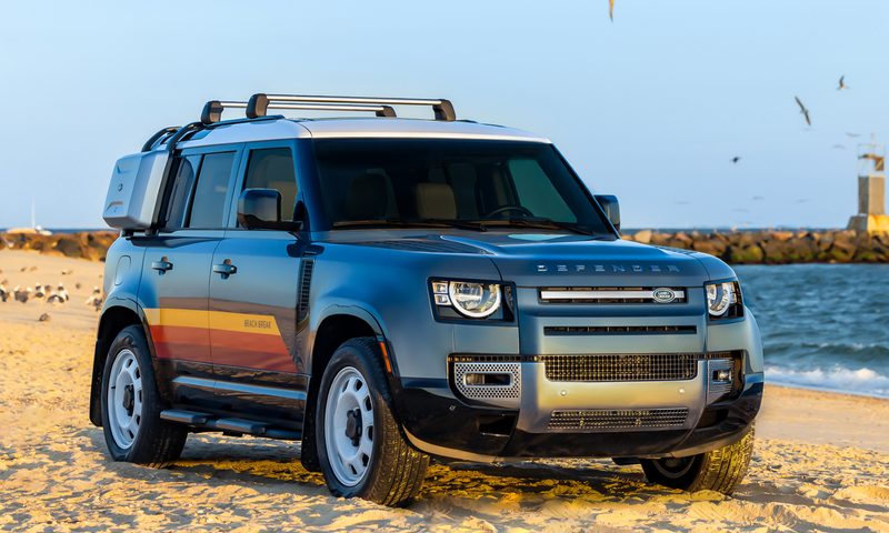 2024 Defender Beach Break limited edition parked by the beach right front three-quarter view.