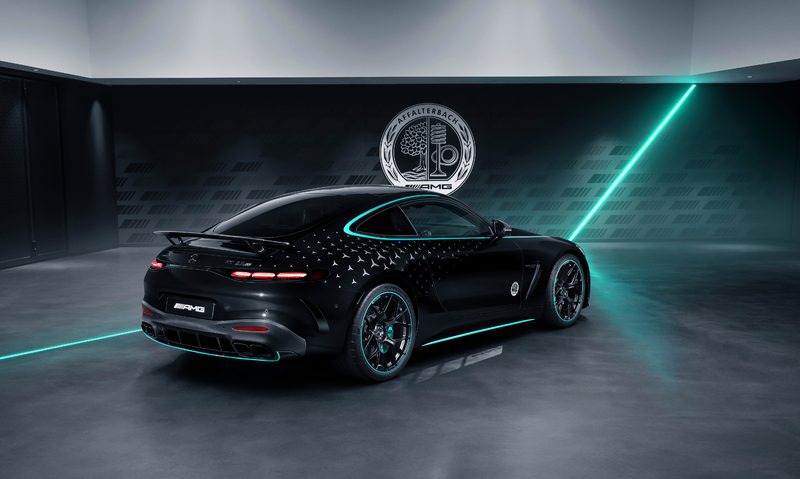 2025 Mercedes-AMG GT 63 PRO 4MATIC+ Motorsport Collectors Edition eright rear three-quarter view.