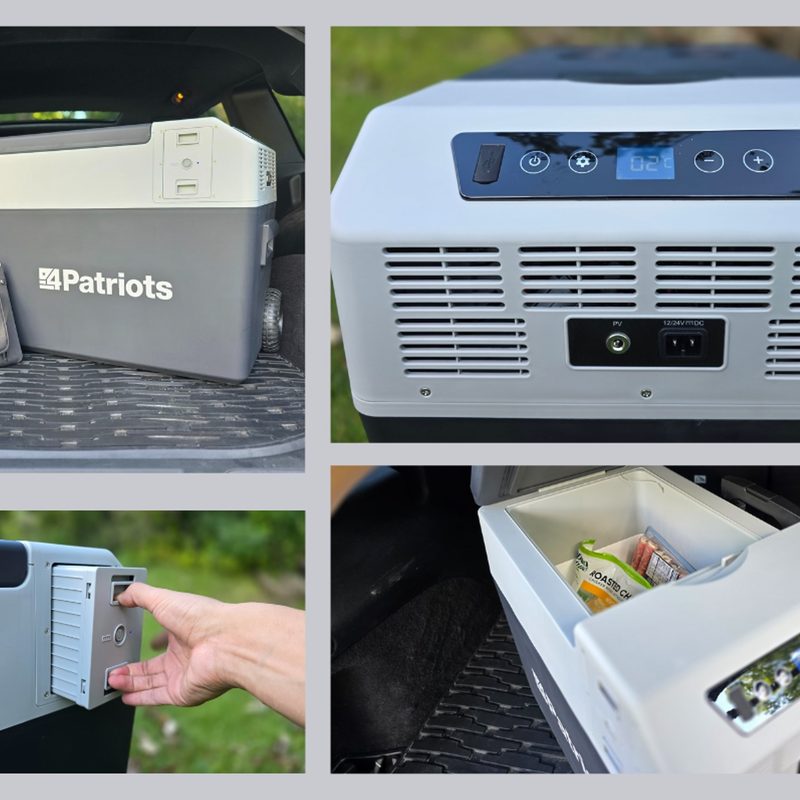 Four pictures displaying the 4Patriots cooler and accessories