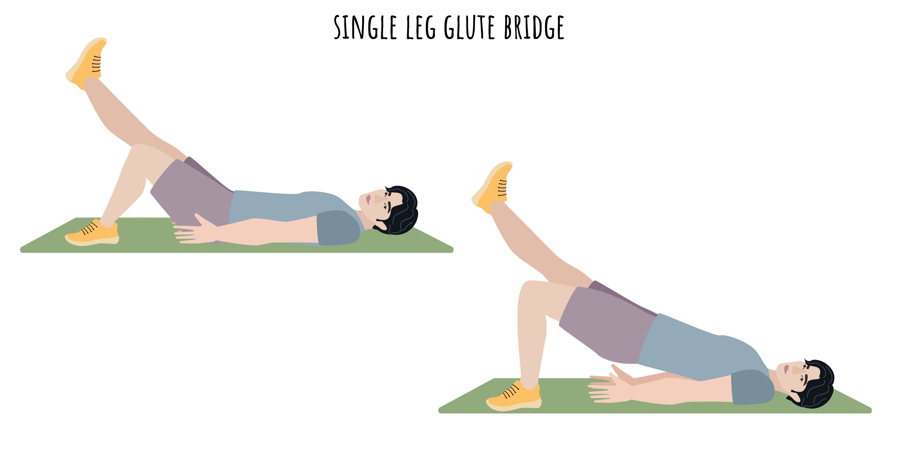 single leg glute bridge exercise illustration of man on green mat