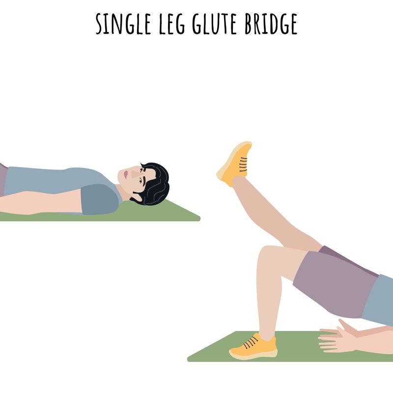 Single-leg glute bridge exercise illustration of man on green mat