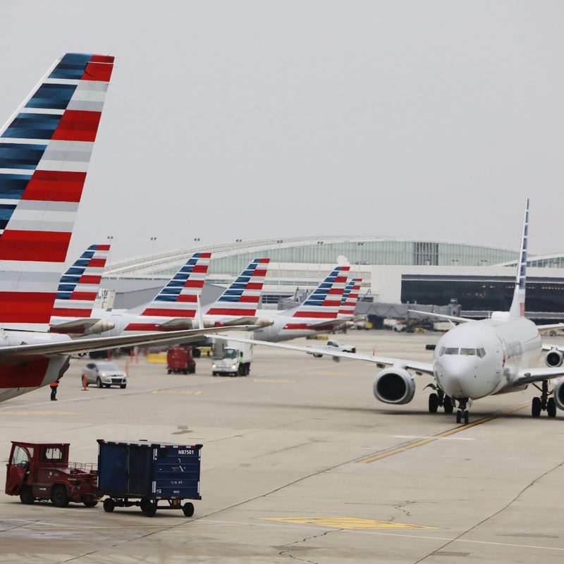 Tailfins of American Airlines planes