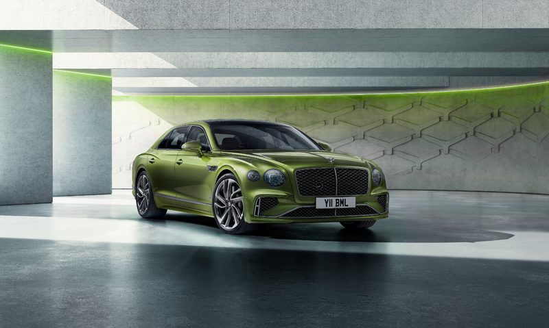 Bentley New Flying Spur in an underground garage right front three-quarter view.