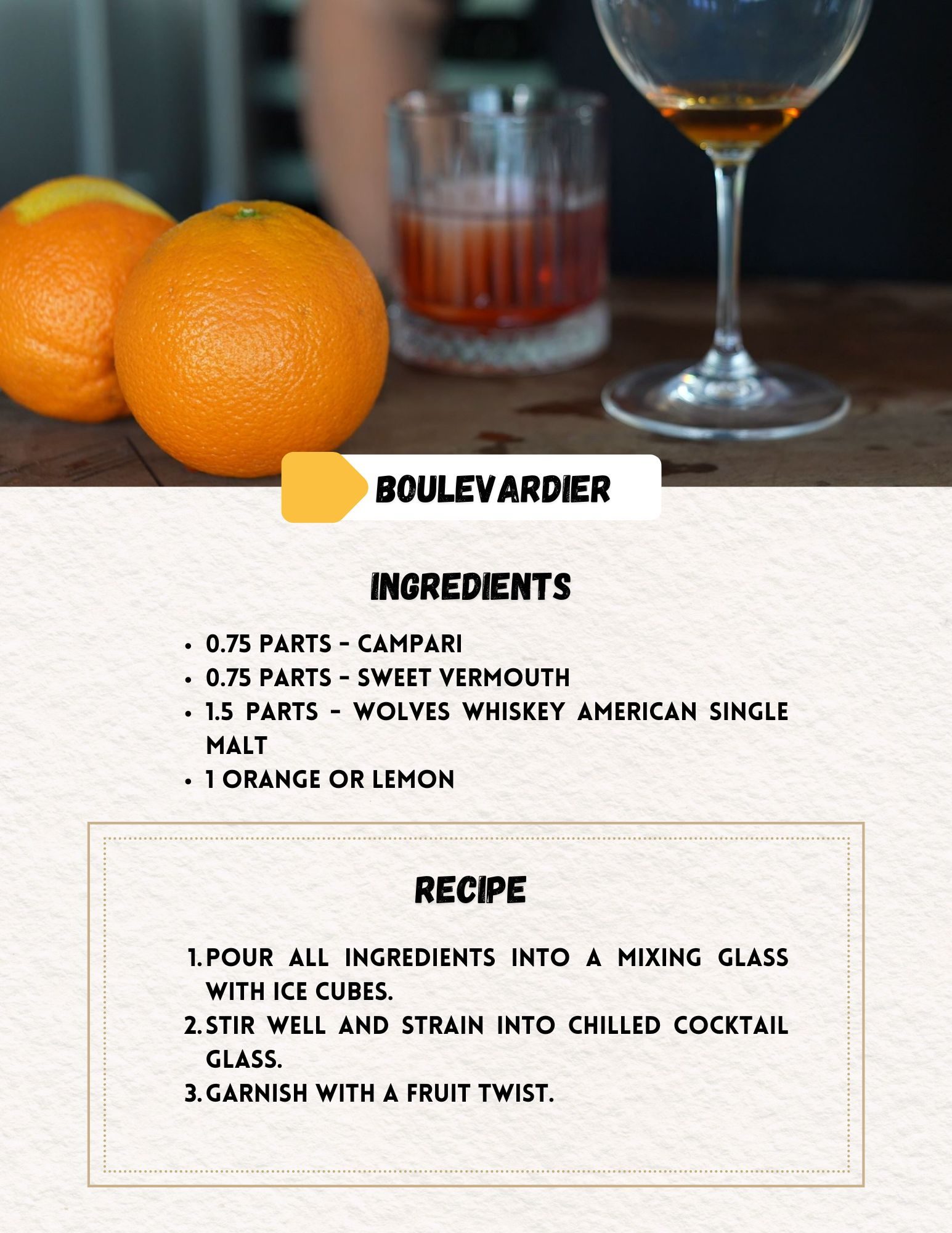 Boulevardier Recipe image for mixing with Wolves Whiskey portrait