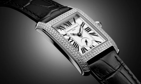 close up on Frederique Constant Classic Carrée Small Seconds watch with black strap
