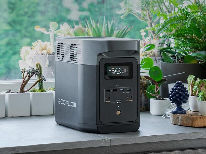 The EF Ecoflow Delta 2 on a decorated shelf.