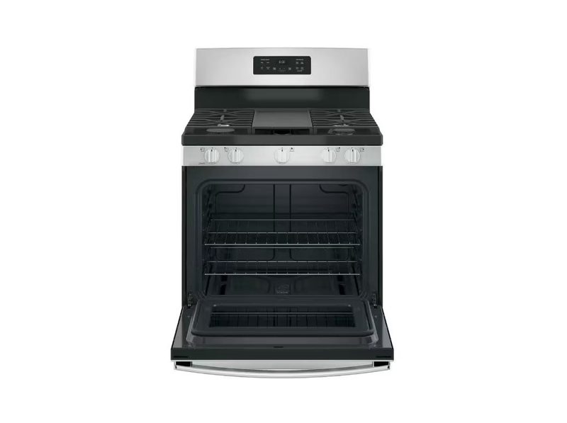 The GE Freestanding Gas Range with Griddle with the oven compartment open and the griddle element visible.
