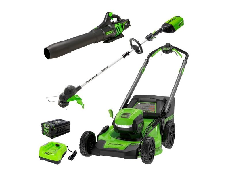 The Greenworks 80V Yard Kit has a mower, blower, and trimmer.