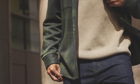 duer changes flannel with strong fiber man wearing over sweatshirt and denim