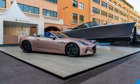 Maserati Grancabrio Folgore Maserati Tridente luxury all-electric powerboat at Monaco Yacht Show 2024.