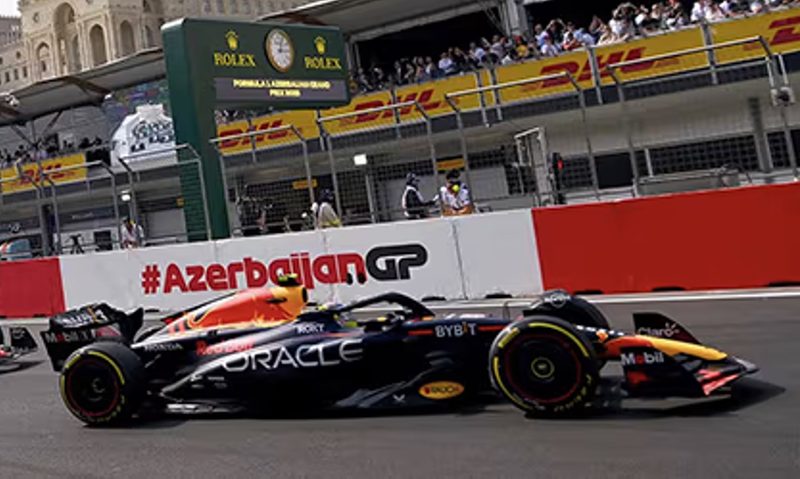 Red Bull F1 race car on racing circuit in the 2023 F1 Azerbaijan Grand Prix.