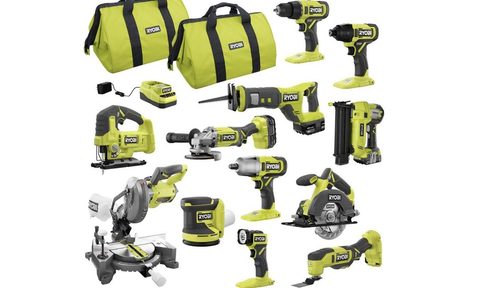 The contents of the Ryobi One+ 12-tool combo kit.