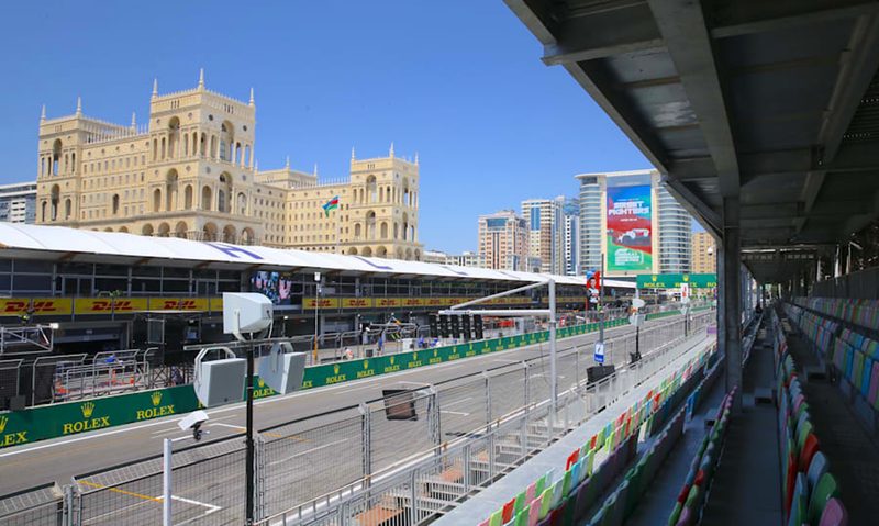 View of the F1 racing circuit and team pits in the F1 Azerbaijan Grand Prix.
