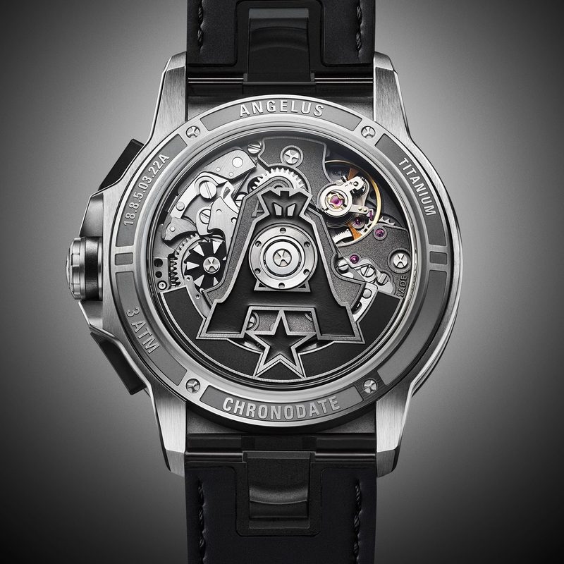 Backside of Angelus Chronodate Titanium watch