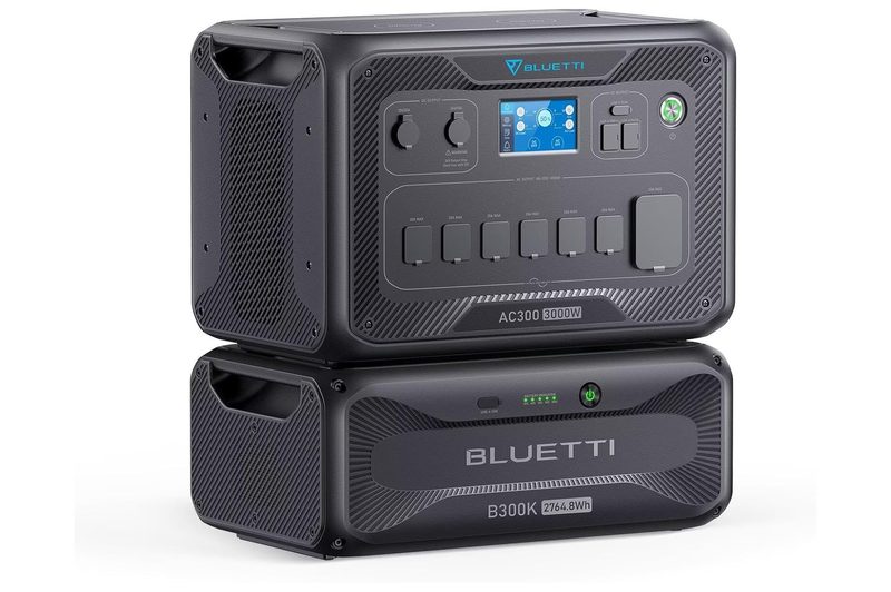Bluetti AC300 + B300K expansion battery isolated on a plain white background.