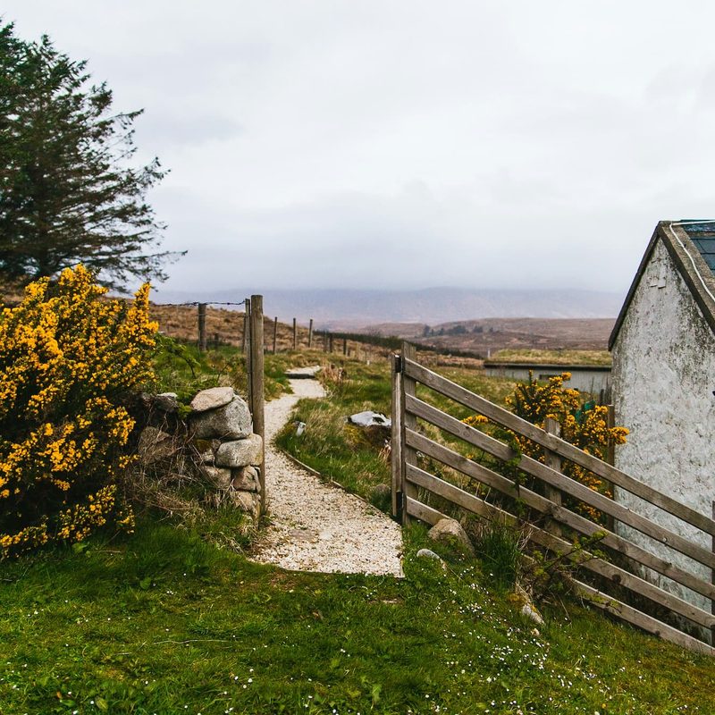 White house next to green fields in Donegal, Ireland