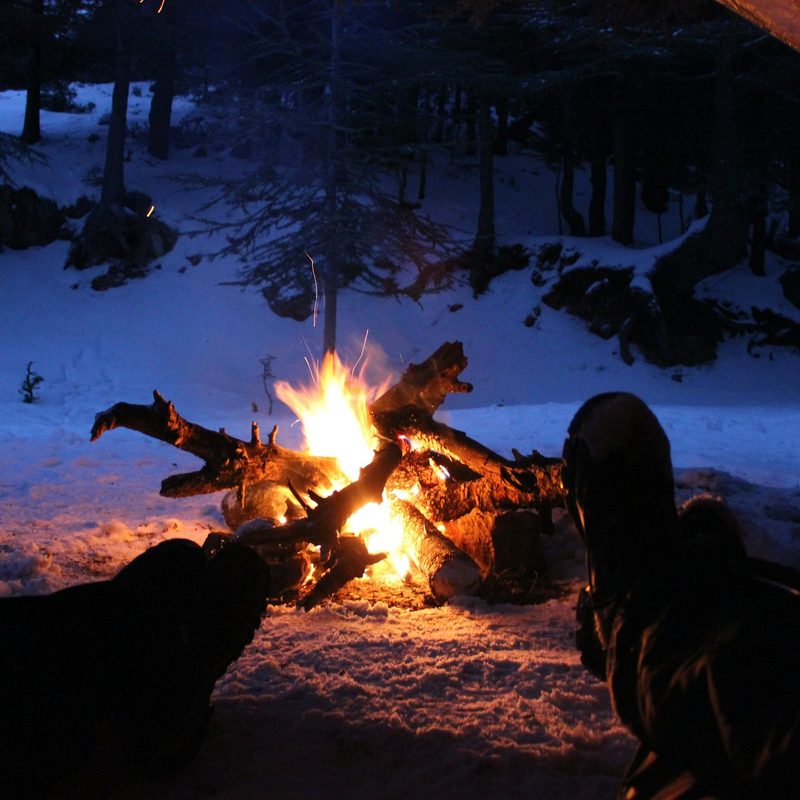 Two people sitting by a campfire at night in the winter