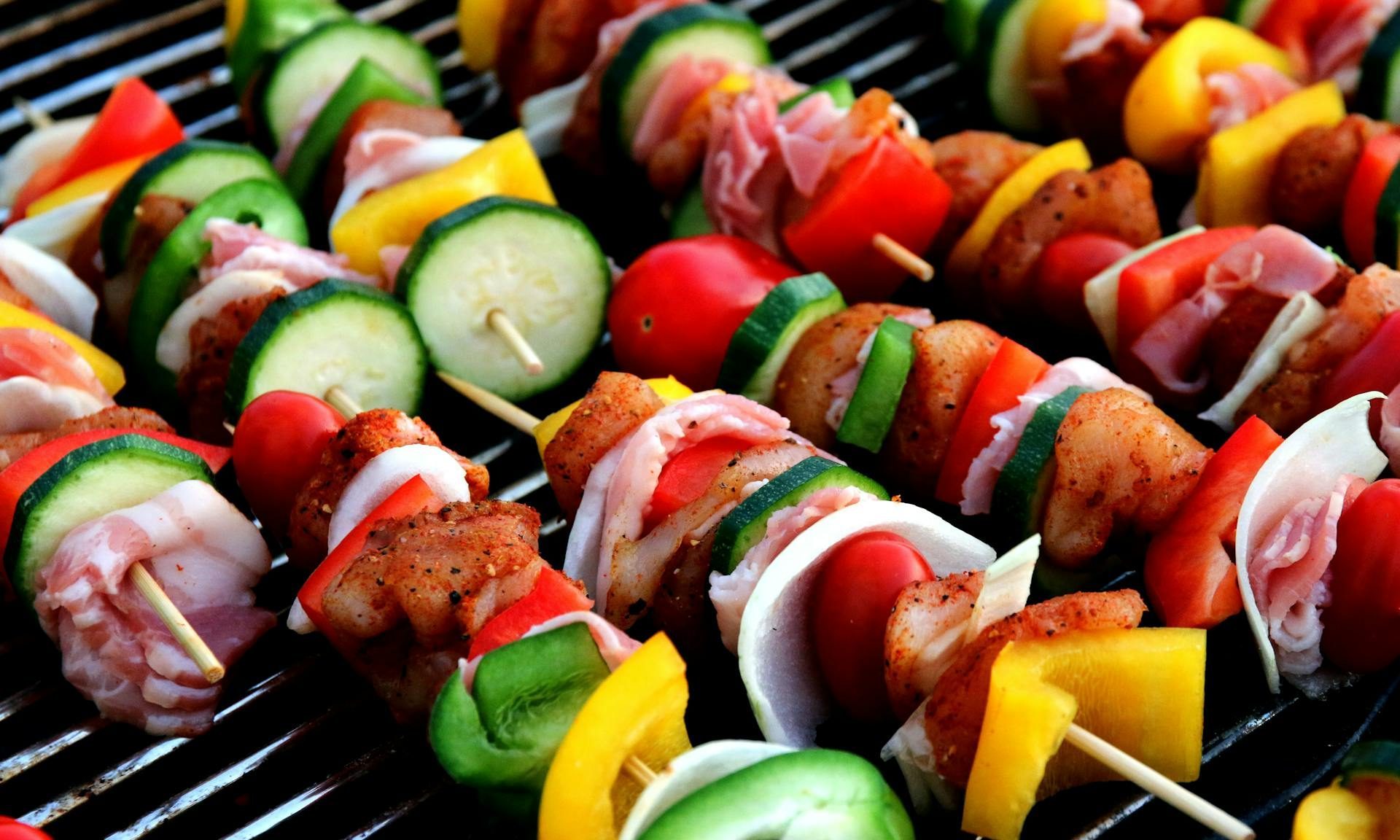 Grilled vegetable and meat kebabs