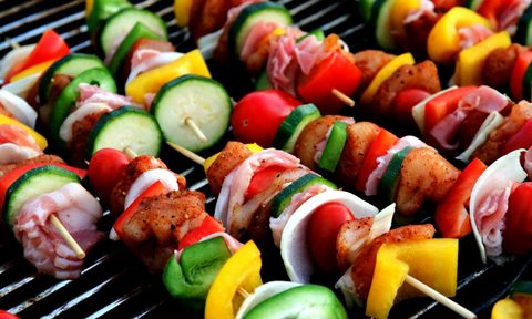 Grilled vegetable and meat kebabs
