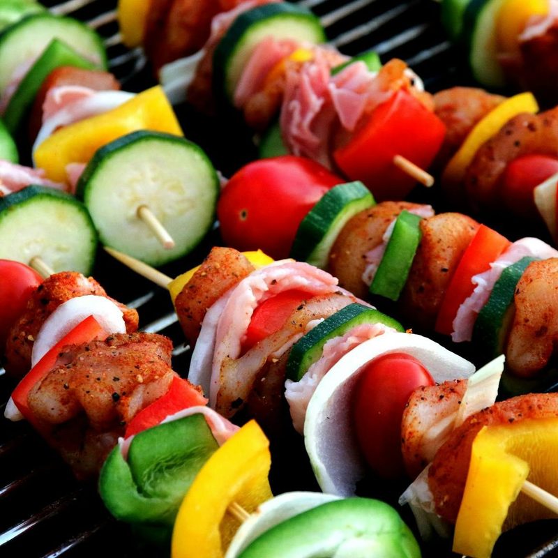 Grilled vegetable and meat kebabs