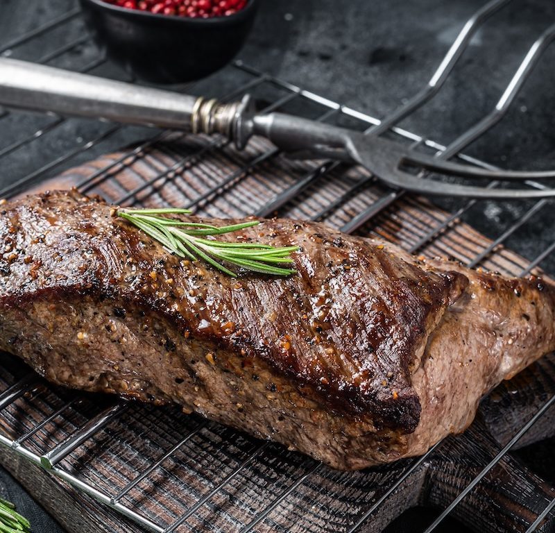Bbq,Grilled,Tri,Tip,Beef,Steak,On,A,Grill.,Black