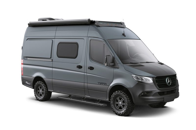 Tiffin GH1 camper van isolated on a plain white studio background.