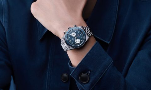 Man wearing Tudor Black Bay Chrono Blue Boutique Edition watch on wrist