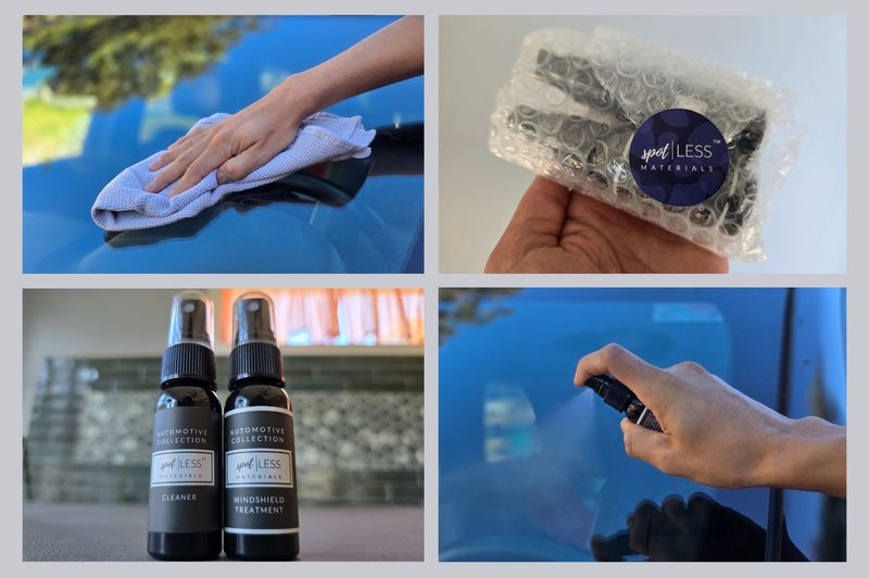 four pictures of how the spotLESS window spray product works