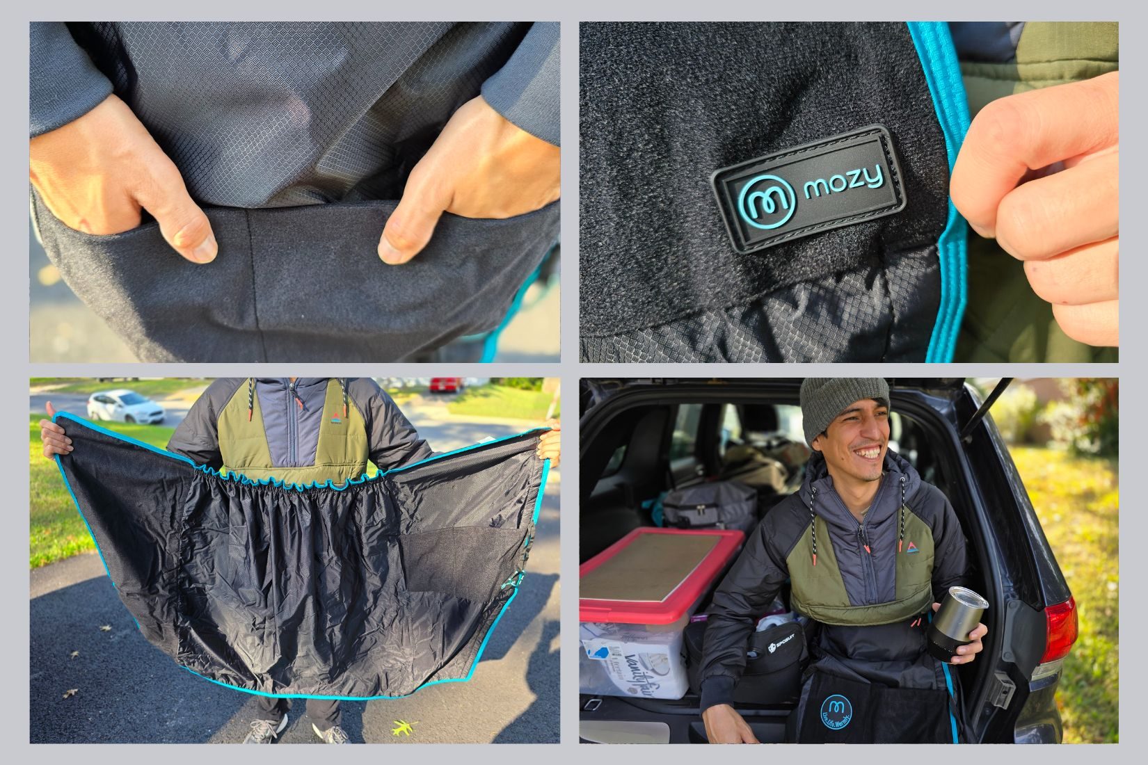 Three pictures of the Mozy wrap showing pockets, carry case, and fit