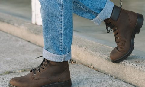 model walking in dark colored lace up boots