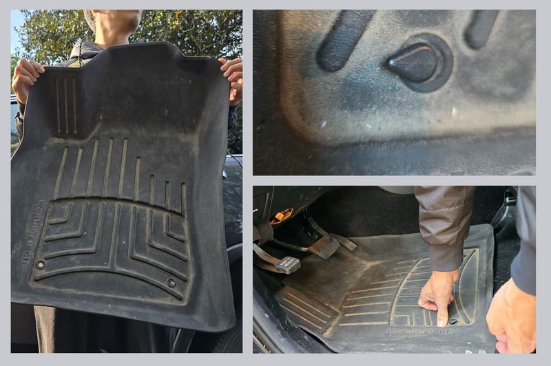 Three different pictures of the Weathertech mat in a Jeep car