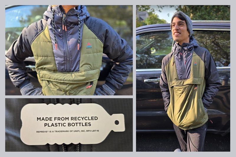 The passenger jacket as well as a tag displaying the sustainable elements of the item