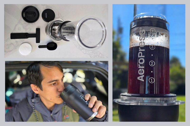 A picture of the Aeropress accessories and demo of pressing coffee