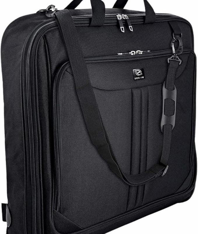 black garment bag with strap