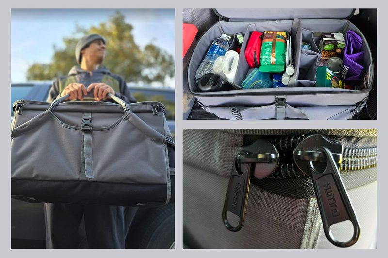 Three views of the Duluth travel bag from different angles