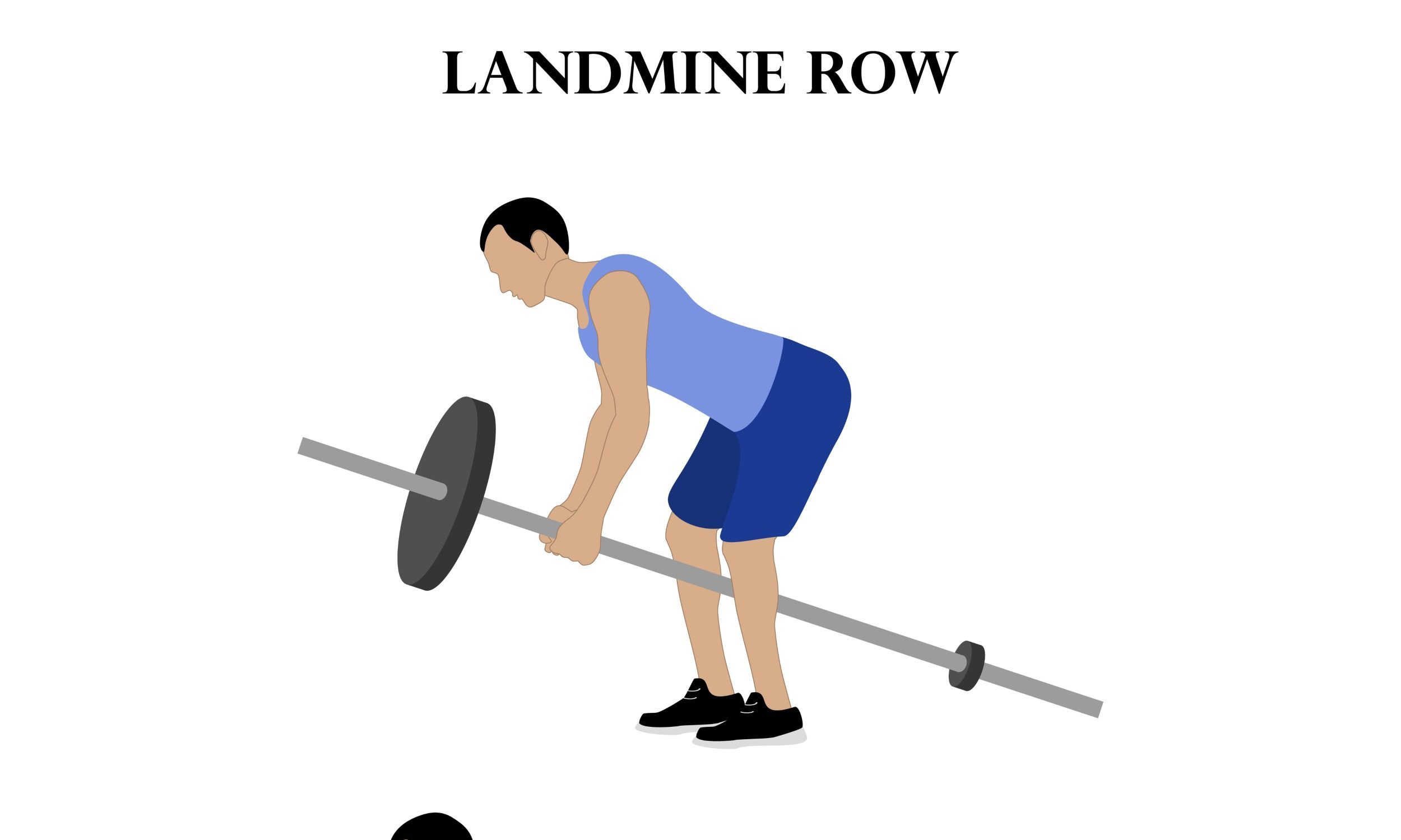 landmine row diagram drawing of man wearing blue doing landmine row white background with both arms